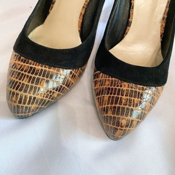 CHRISTIAN DIOR BROWN SNAKE EMBOSSED LEATHER BLACK SUEDE STILETTO HEEL PUMPS - 38 - Picture 6 of 9